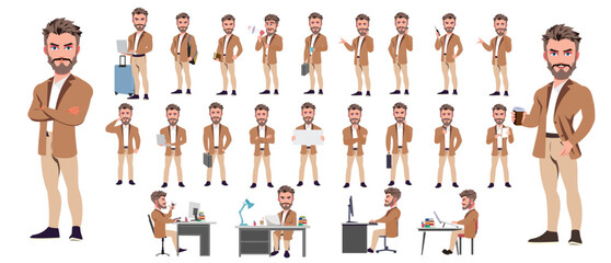 Man Character design. Front, side, back view and explainer animation poses. Character set with lip sync and facial expressions of Happy, angry, sad, Joy with Side walk cycle animation sequence sprite 