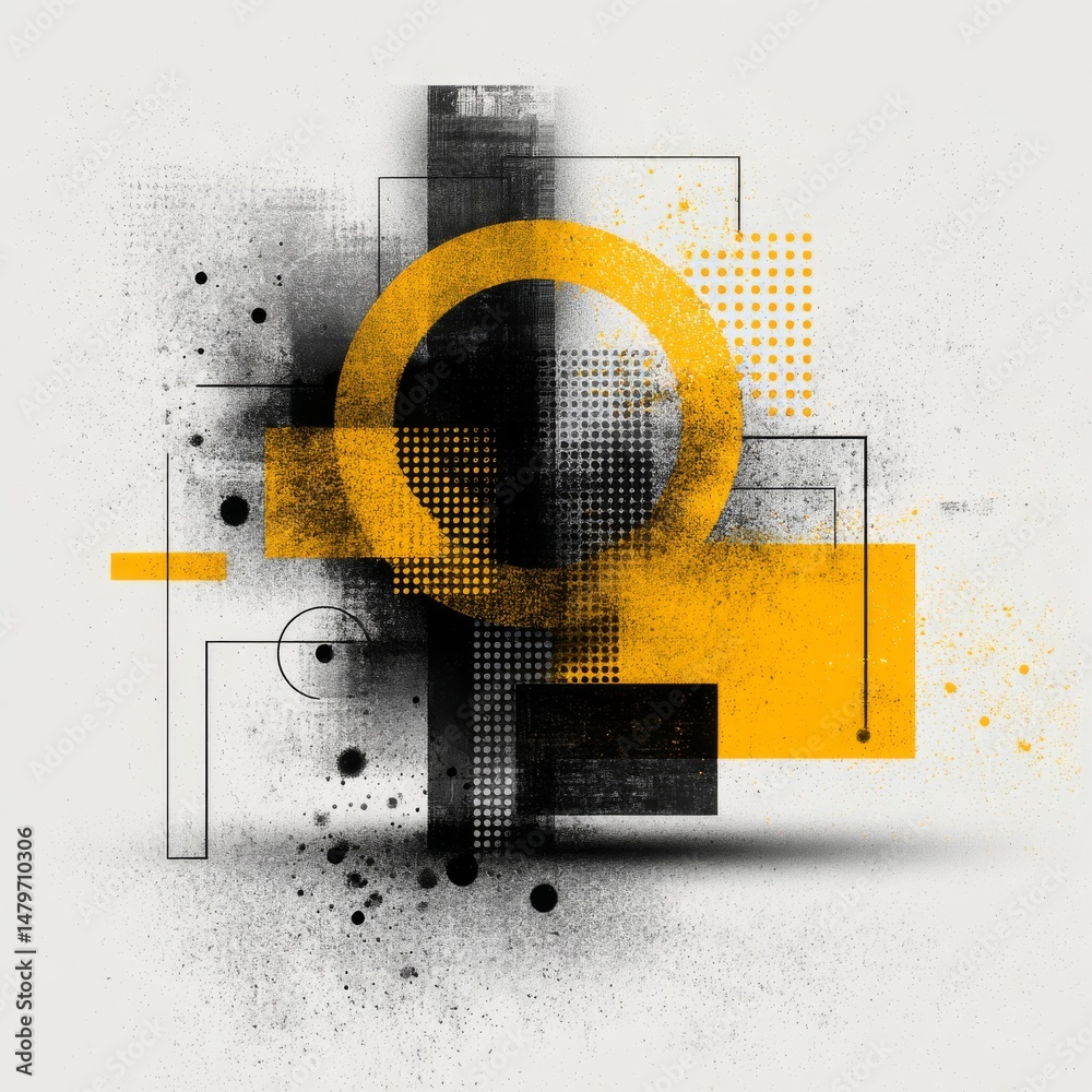 Poster geometric abstract composition: yellow circle and black shapes on textured white canvas