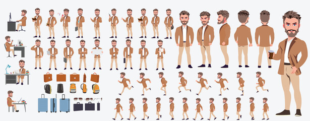 Man Character design. Front, side, back view and explainer animation poses. Character set with lip sync and facial expressions of Happy, angry, sad, Joy with Side walk cycle animation sequence sprite 