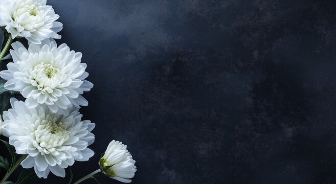 fundo de luto, funeral flor branca com espa&ccedil;o para c&oacute;pia. linda flor de cris&acirc;ntemo branco em fundo escuro com espa&ccedil;o para texto
