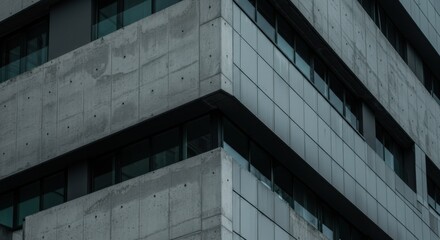 Modern brutalist architecture with glass and concrete facade. Urban office building exterior detail. Contemporary minimalist design in gray tones. Industrial style structure.
