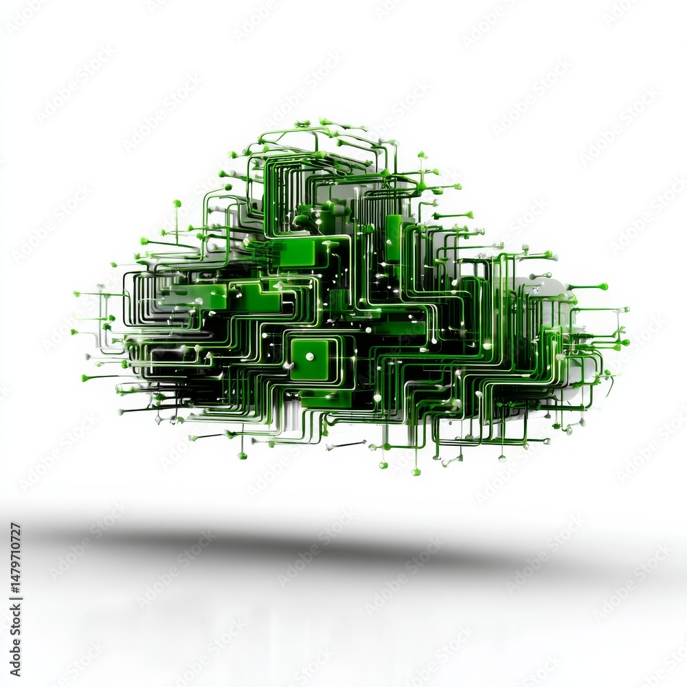 Aufkleber Green Circuit Cloud: Abstract Digital Network Representing Data Flow and Connectivity in Modern Technology