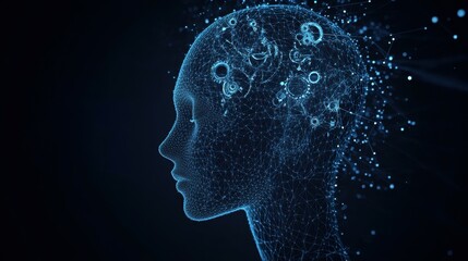 Obraz premium A head containing 3D gears. A dark blue, low poly digital design, embodying engineering and mechanical technology. An abstract mesh design with lines and dots, symbolizing thought.