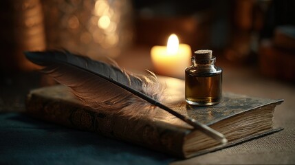 Feather quill resting on a closed journal with a small bottle of ink glowing in warm candlelight
