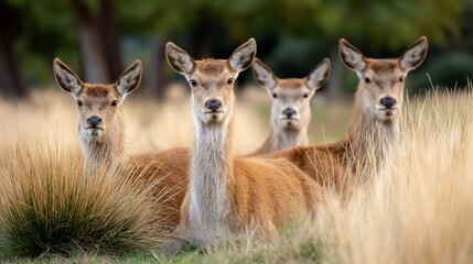 Fototapeta premium Deer family poses regally in golden meadow