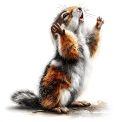 Obraz premium Playful Chipmunk Standing Upright with Paws Raised in Watercolor Style Against a White Background.