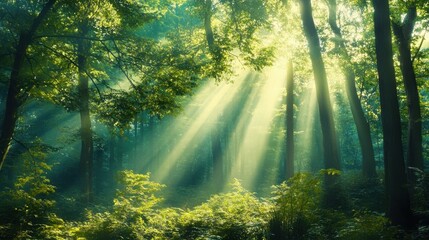 A serene forest scene illuminated by sunlight filtering through trees, creating a tranquil atmosphere with lush greenery and soft rays of light.