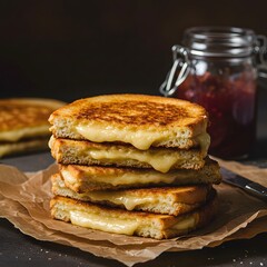 A stack of golden brown grilled cheese sandwiches, oozing with melted cheese on parchment paper.