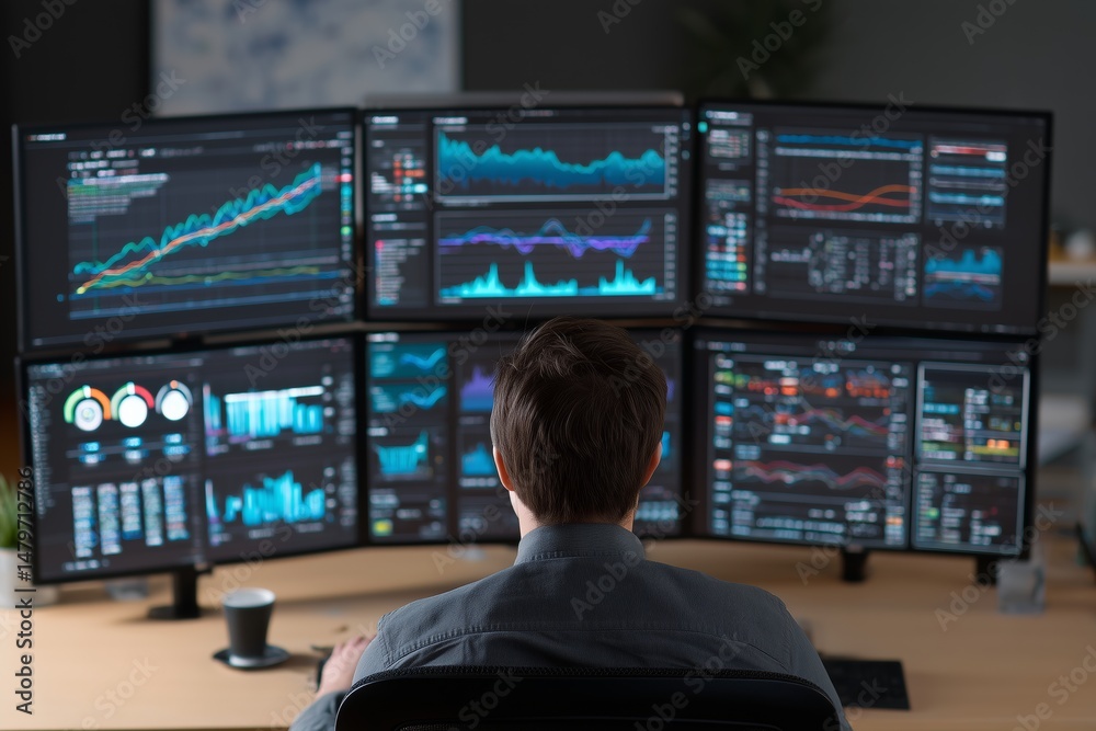 Poster Financial analyst using multi-monitor setup with graphs and dashboards in cool tech colors
