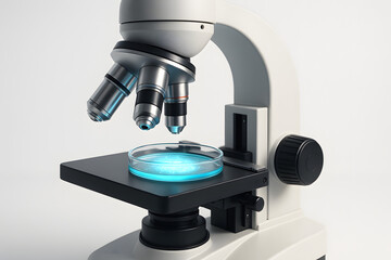 Laboratory microscope examining blue-glowing petri dish, symbolizing microbiological research, diagnostics, scientific discovery, and precision analysis in advanced healthcare and medical labs
