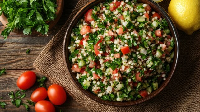 A fresh and vibrant bowl of tabbouleh salad, featuring finely chopped parsley, tomatoes, onions, and bulgur, garnished with herbs, served alongside lemon and other ingredients