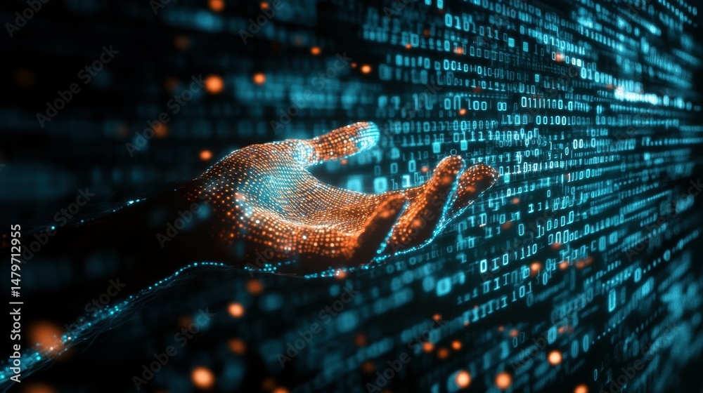 Poster a glowing, digital hand reaches out amidst a backdrop of cascading binary code, symbolizing the inte