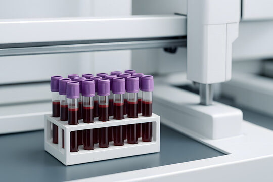 Medical laboratory automation system handling purple-capped blood test tubes, symbolizing precision diagnostics, hematology analysis, and technological advancement in modern healthcare laboratories
