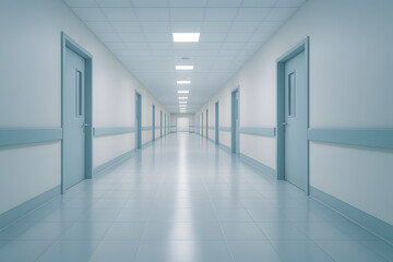 Fototapeta premium Empty modern hospital corridor with clean white walls and bright lighting, symbolizing clinical sterility, healthcare infrastructure, medical facility environment, and professional care atmosphere 