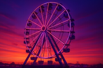 Neon Ferris Wheel at Sunset - Synthwave Carnival Vibes with Vibrant Pink and Purple Sky, Glowing Amusement Ride in Retro Futuristic Style