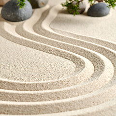 Obraz premium Zen garden detail with raked sand, rocks, and greenery. Serene and meditative. Perfect for mindfulness, relaxation, spa, or wellness concepts. Calming background.