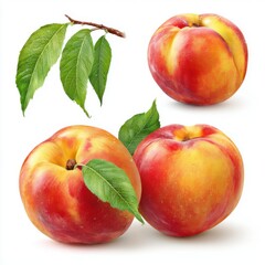 Fresh Nectarine Still Life on White Background Studio Shot Featuring Leaves and Water Droplets Close Up
