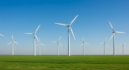 Fototapeta premium Wind Turbines in a Green Field Under a Blue Sky