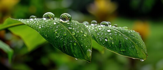 Dewdrop jewels adorn verdant leaves