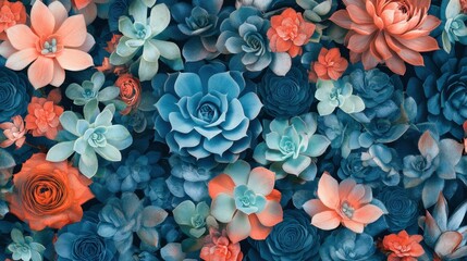 Vibrant succulent pattern in shades of blue and coral highlighting floral beauty