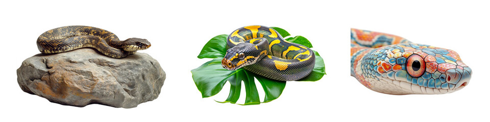 Fototapeta premium Collection of snakes on rock and leaves, including colorful python, transparent background.