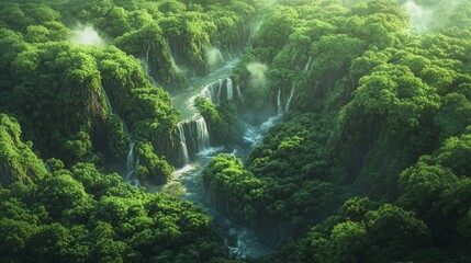 Exploring majestic waterfalls lush forests nature scene serene environment aerial view natural beauty