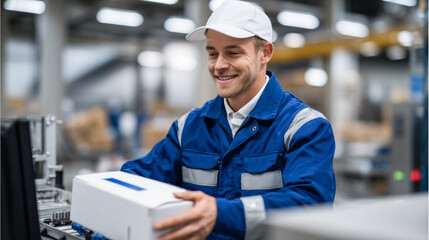 Technician efficiently works in line with others, sealing boxes of glucose monitors, careful precision ensuring every shipment meets regulation