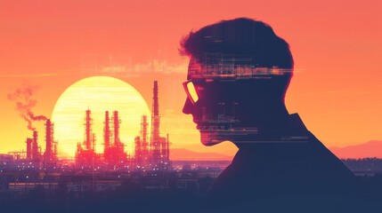 Obraz premium Sunset industry reflection urban cityscape digital art industrial environment silhouette view modern technology impact