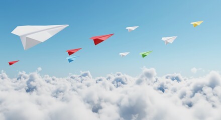 Colorful Paper Airplanes in Sky. Paper Planes Flying Above Clouds