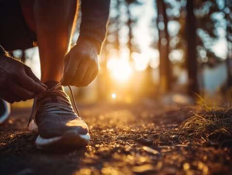 Runner tying shoes on a forest trail with warm sun rising behind trees, flare across shoelaces