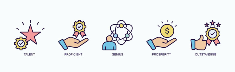 Fototapeta premium Brilliant Ascent Icon Set Isolated Vector With Icon Of Talent, Proficient, Genius, Prosperity, Outstanding In Outline Color Style