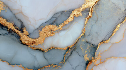 Elegant abstract composition of blue and white marble with luxurious gold veins