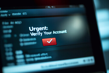Fototapeta na wymiar Urgent verify account notification in a digital inbox, a common online scam and phishing attempt targeting personal bank details. Fake email alert