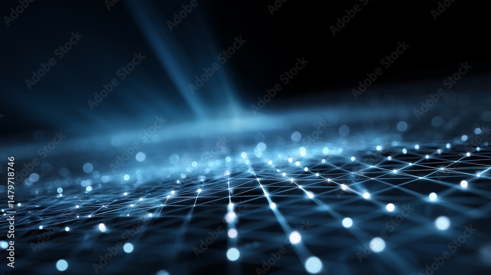 Poster transparent neural network grid hovering above glowing blue surface, light beams creating flare on d
