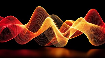 Vibrant, flowing, fiery waves of red and orange light against a deep black background. Abstract, dynamic art