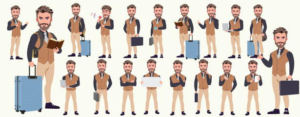 Man Character design. Front, side, back view and explainer animation poses. Character set with lip sync and facial expressions of Happy, angry, sad, Joy with Side walk cycle animation sequence sprite 