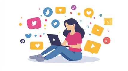 Woman Using Laptop, Social Media Icons, Digital Lifestyle, Online Communication, Colorful Illustration