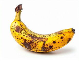 Overripe banana with brown spots, slightly bent, isolated on white background, high. Perfect for editorial, advertising, or themed content projects.
