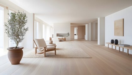 Spacious, minimalist interior showcasing natural light and wood.