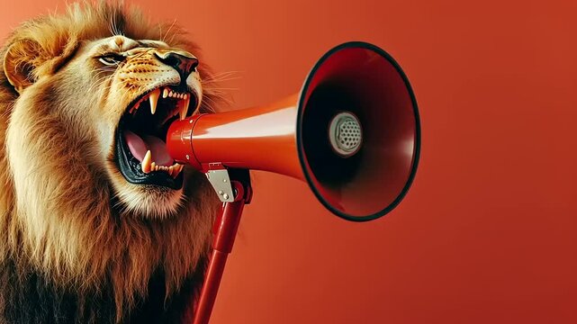 Lion roaring into a megaphone against a vibrant orange background, conveying a powerful message