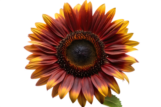 Close up of a sunflower with orange and red petals and a dark center isolated on black background
