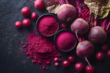 Fresh beetroots and vibrant beetroot powder 