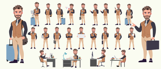 Man Character design. Front, side, back view and explainer animation poses. Character set with lip sync and facial expressions of Happy, angry, sad, Joy with Side walk cycle animation sequence sprite 