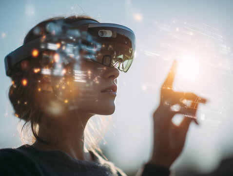 Woman wearing augmented reality glasses interacting with a transparent digital interface, bright tech lab background, futuristic touchpoints glowing, sunlight from above adding light flare - Powered by Adobe