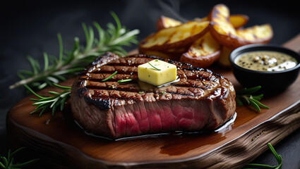 Perfectly grilled medium-rare steak on wooden board with rosemary, crispy potatoes, and sauce. Soft directional light emphasizes texture and warmth.
