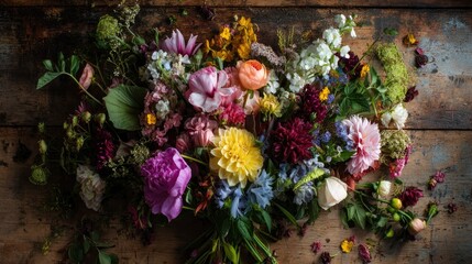 Overhead view of a large bouquet of seasonal mixed flowers on a rustic wooden surface