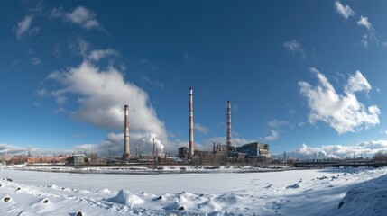 Obraz premium Panoramic shot of a power plant with multiple chimneys during winter, snow-covered ground and visible emissions