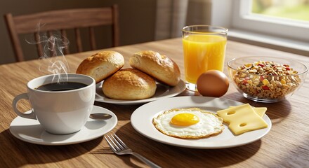 Inviting breakfast scene featuring a spread of morning favorites on wooden table