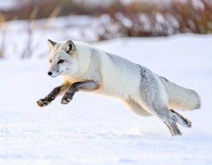 Naklejka premium Arctic fox mid-pounce while chasing prey beneath the snow