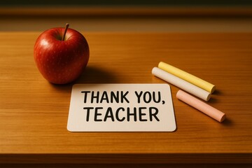 Red apple, thank you teacher message card, colorful chalks on wooden desk, back to school concept